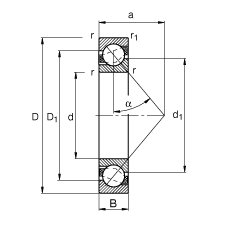 角接觸球軸承 7218-B-JP, 根據 DIN 628-1 標準的主要尺寸，接觸角 α = 40°