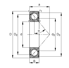 角接觸球軸承 7307-B-2RS-TVP, 根據 DIN 628-1 標準的主要尺寸，接觸角 α = 40°，兩側唇密封