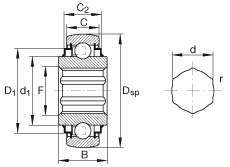 外球面球軸承 SK102-207-KRR-B-AH10, 球面外圈，內圈帶六角形孔，兩側 R 型密封